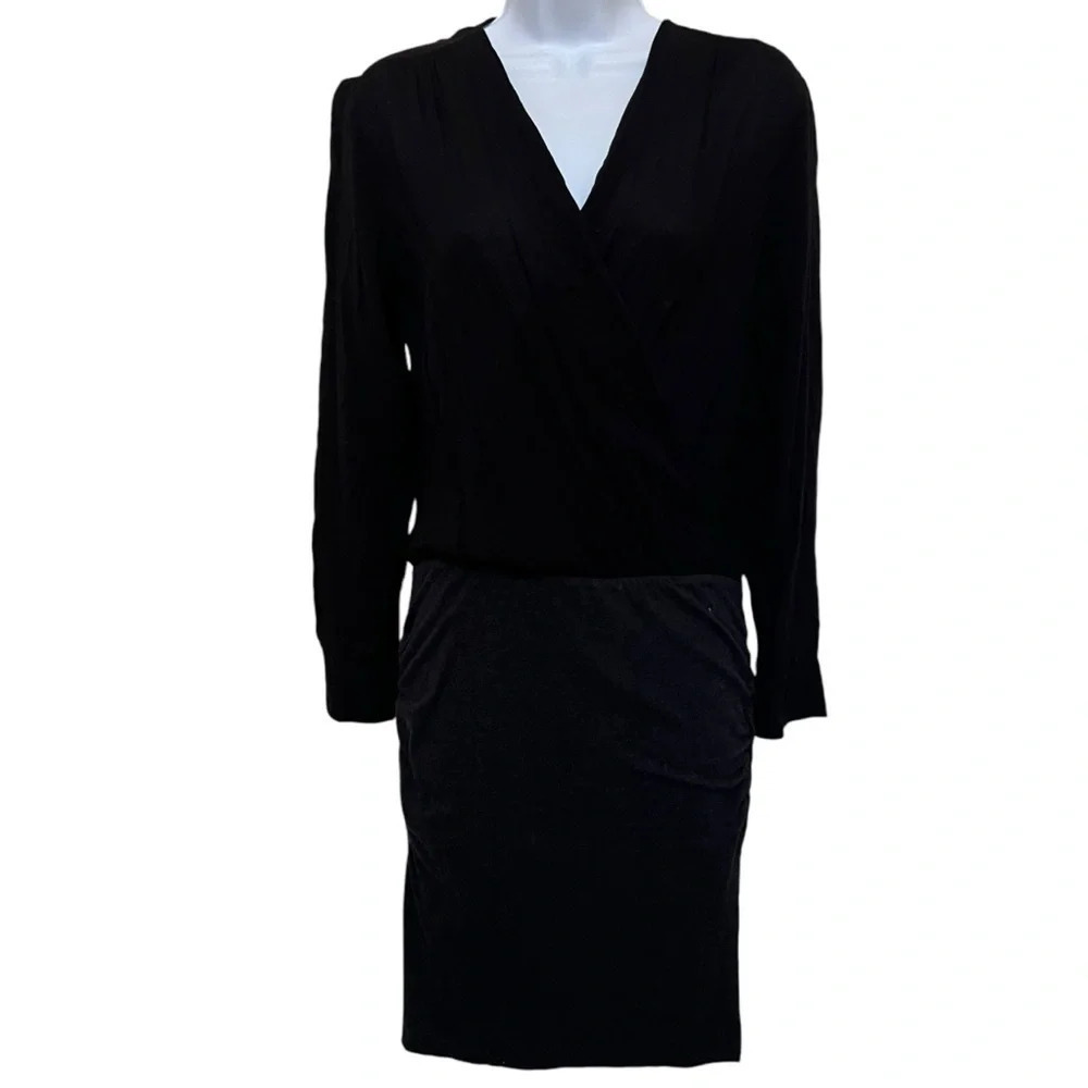 James‎ Perse Dress Wrap V-Neck Ruched Long Sleeve Midi Stretch Black Size 1